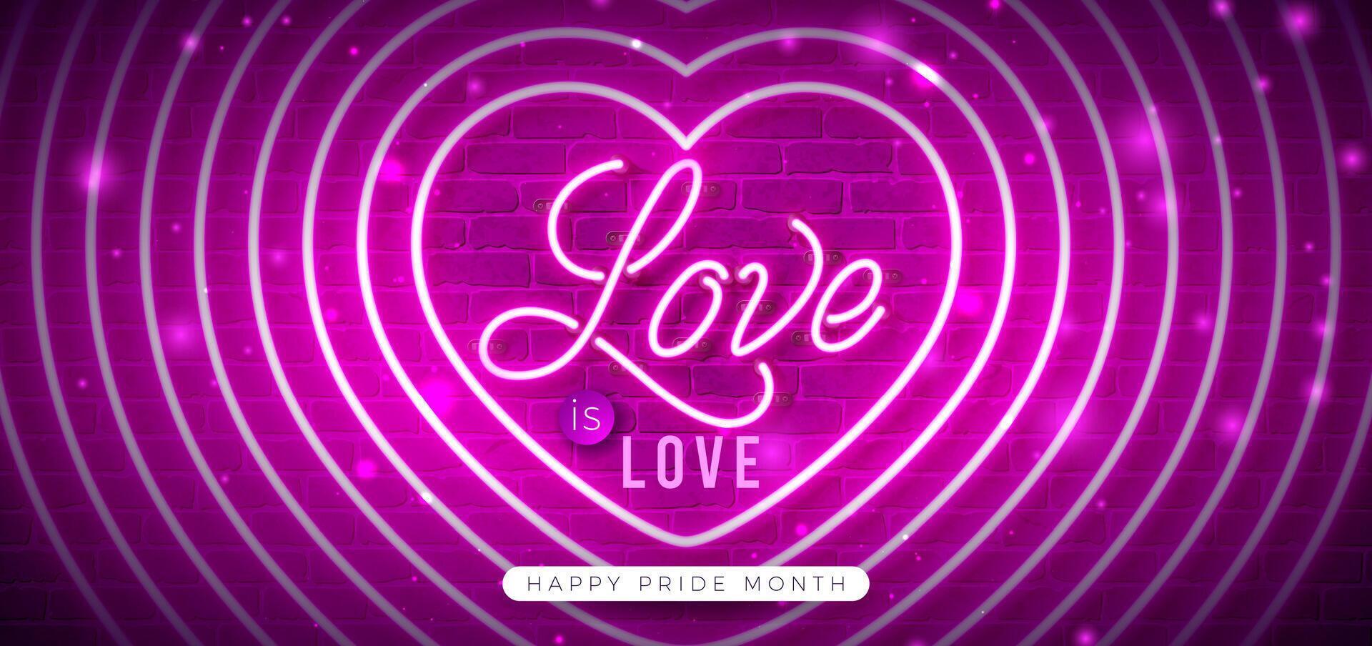 Love is Love Pride Month LGBTQ Banner Design with Glowing Neon Light Heart Symbol and Lettering on Purple Brick Wall Background. LGBT Event Banner Design for Celebration Poster, Invitation vector