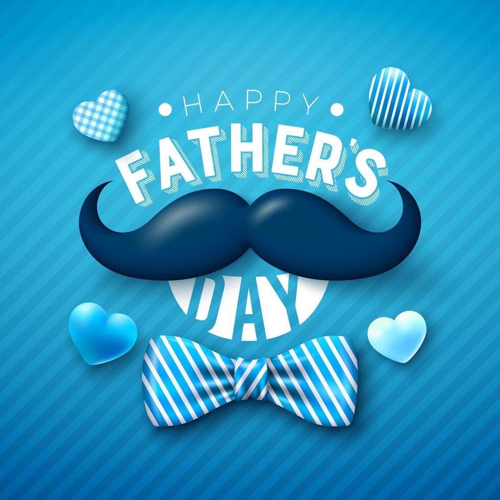 Happy Father's Day Greeting Card Design with Striped Bow Tie, Mustache, Heart and Typography Lettering on Blue Background. Celebration Illustration for the Best Dad. Fathers Day Template for vector