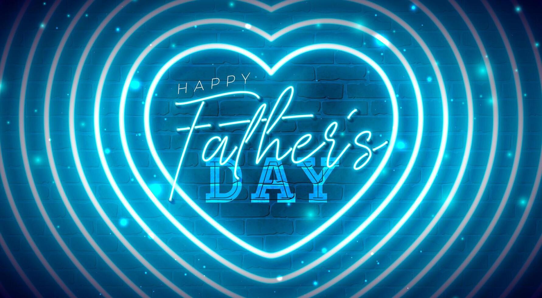 Happy Father's Day Vertical Banner Design with Glowing Neon Light and Typography Lettering on Blue Vintage Brick Wall Background. Celebration Greeting Card Illustration for Loved and Best Dad. vector