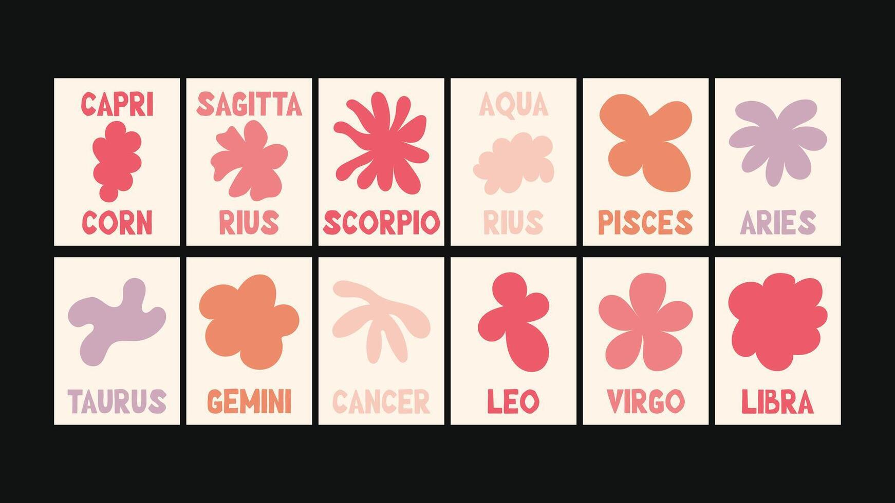 calendar all zodiac signs in minimal floral naive composition with Matisse-style cutouts, botanical frames and bold collage-like layouts. vector