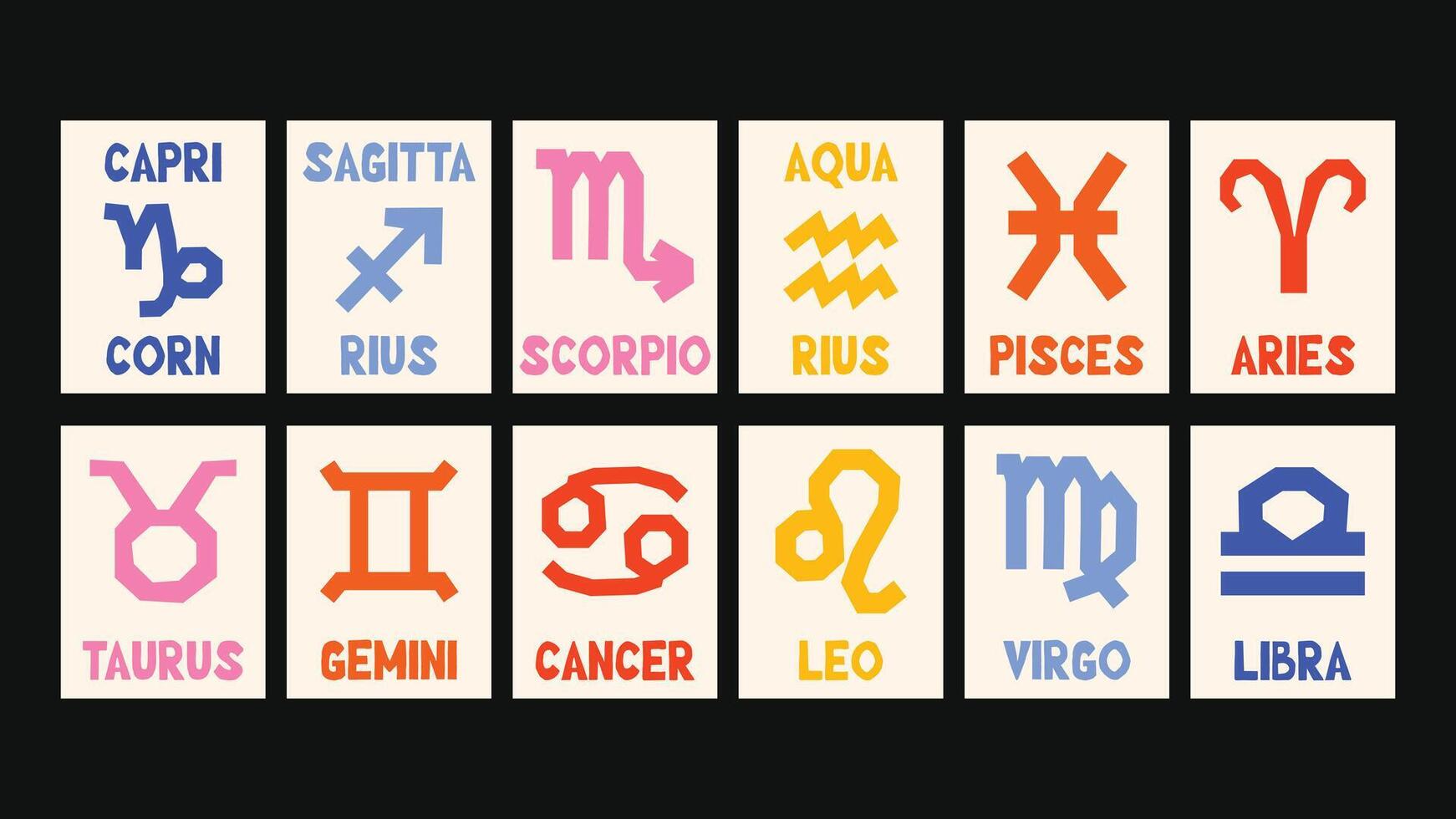 zodiac calendar with hand-drawn zodiac signs in Matisse-inspired floral and abstract naive style, featuring bold shapes, groovy cutouts and decorative botanical details. vector