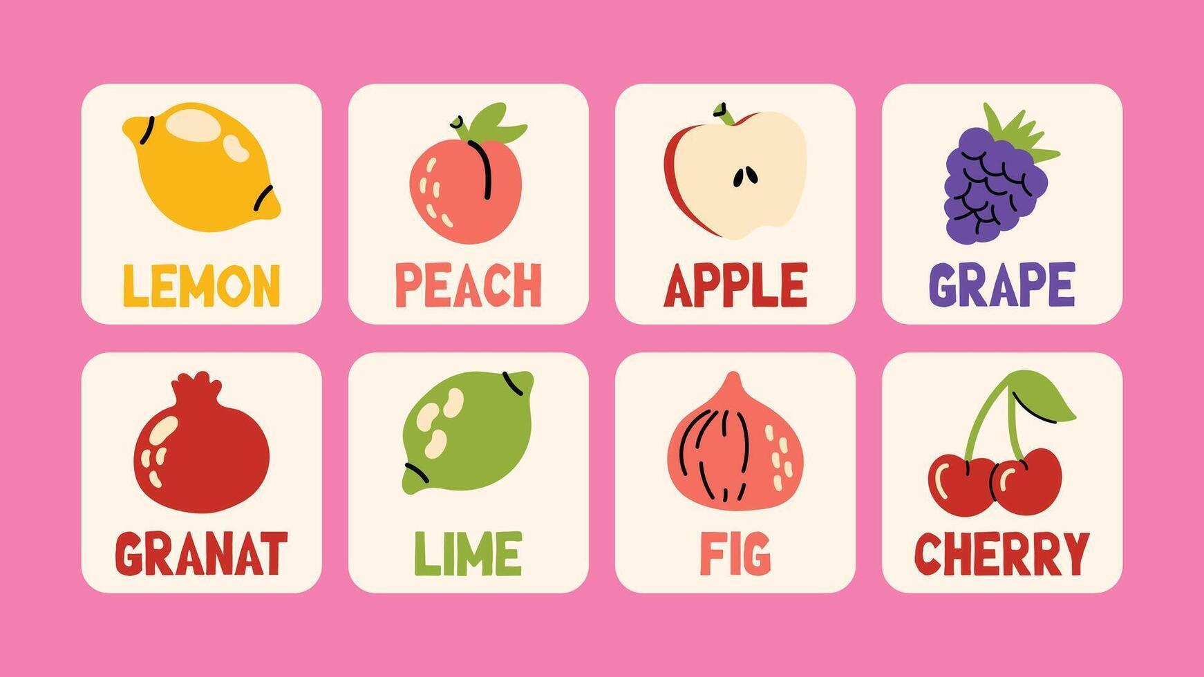 Bright educational flashcards for kids with fruit names. Cute illustrations of apple, cherry, lemon, grape, pomegranate, fig vector