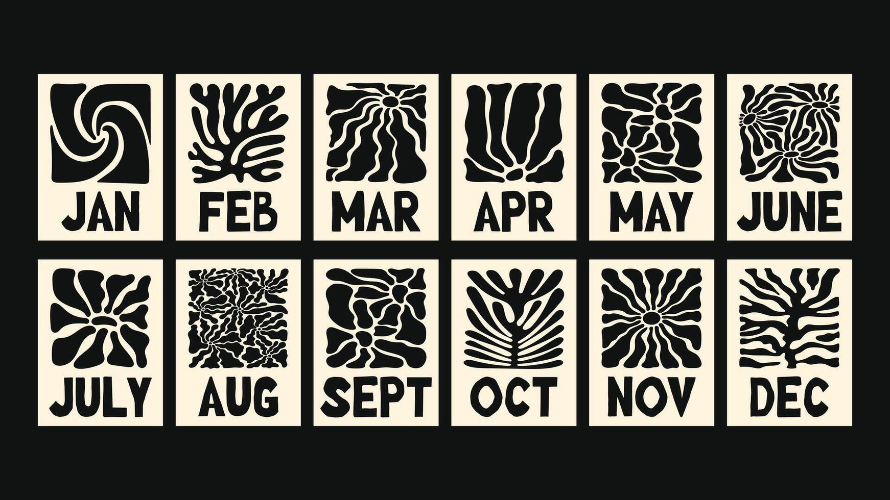 calendar with retro patterns, naive botanical cutouts, Matisse-style abstract plants, printable wall art templates for home, studio, or office with a playful monthly layout. vector