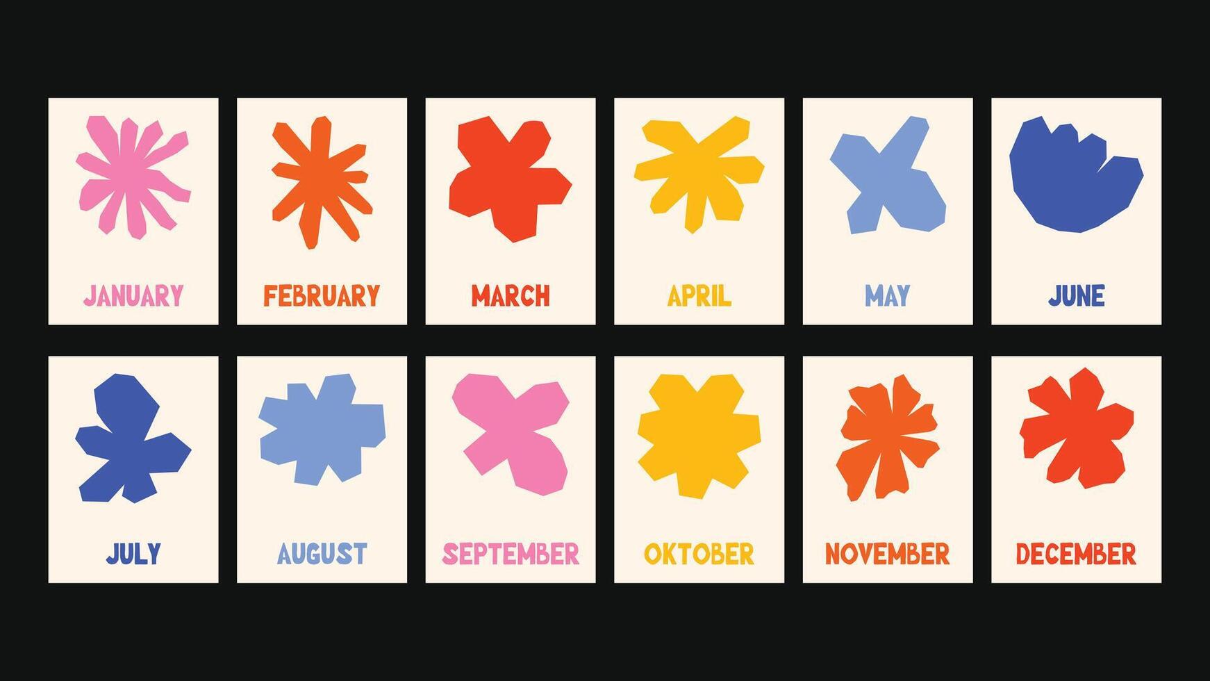 Monthly calendar set with groovy floral art, style plants, organic lines, and vibrant nature-inspired textures, ideal for decorative prints, posters, and digital downloads. vector