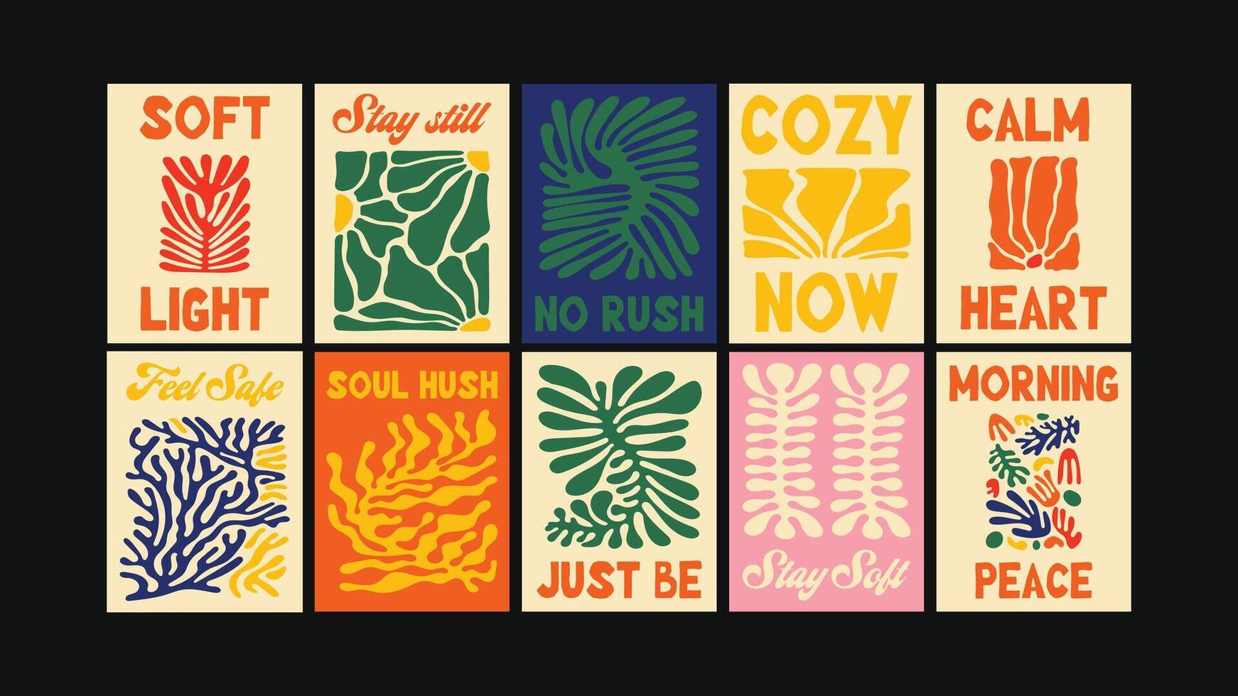 90s-style funky poster collection featuring abstract geometry, playful color vector