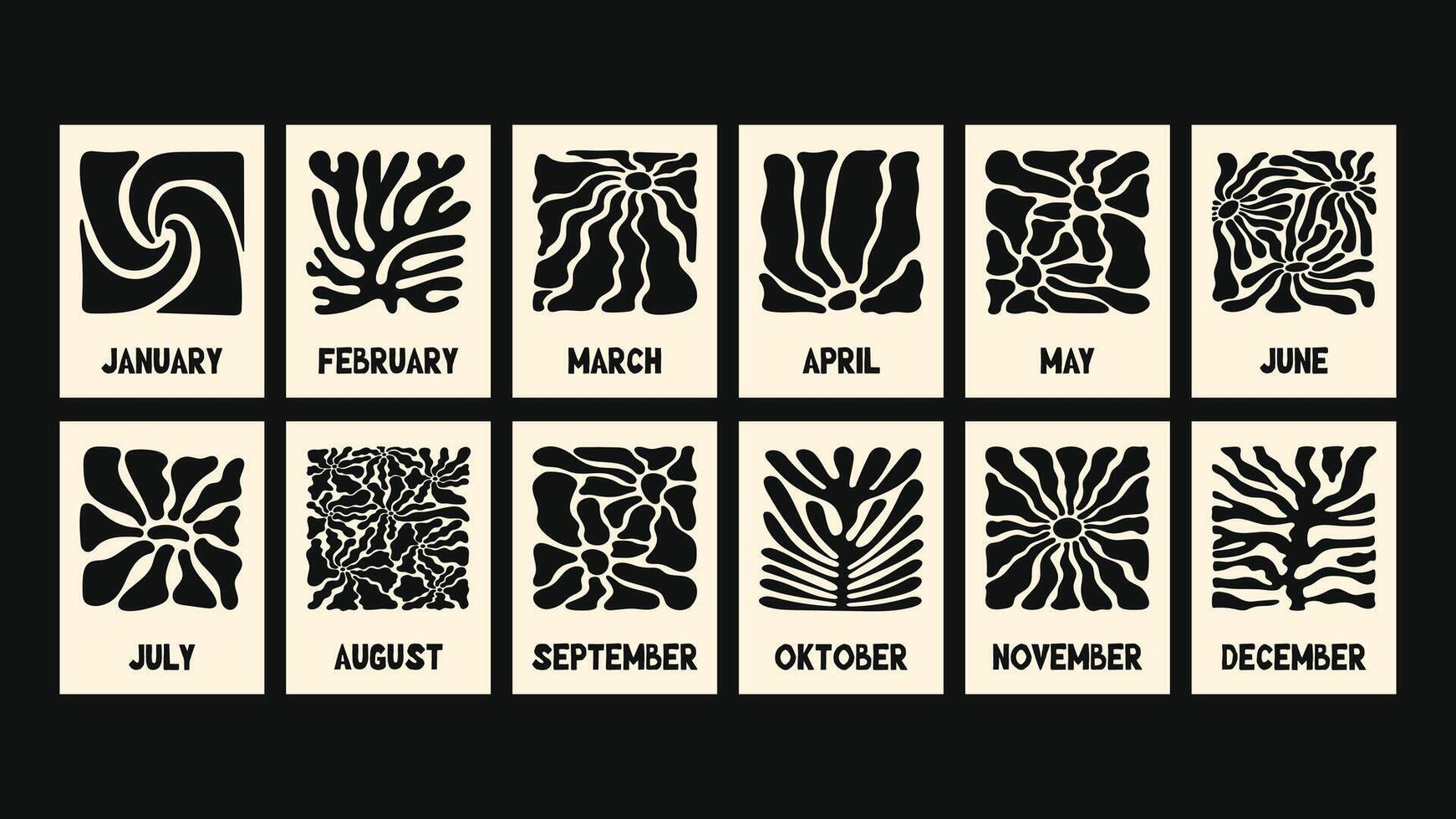 floral calendar design with expressive cutout flowers and leafy elements, bold retro color scheme, hippie groove style and printable templates for posters and placards. vector