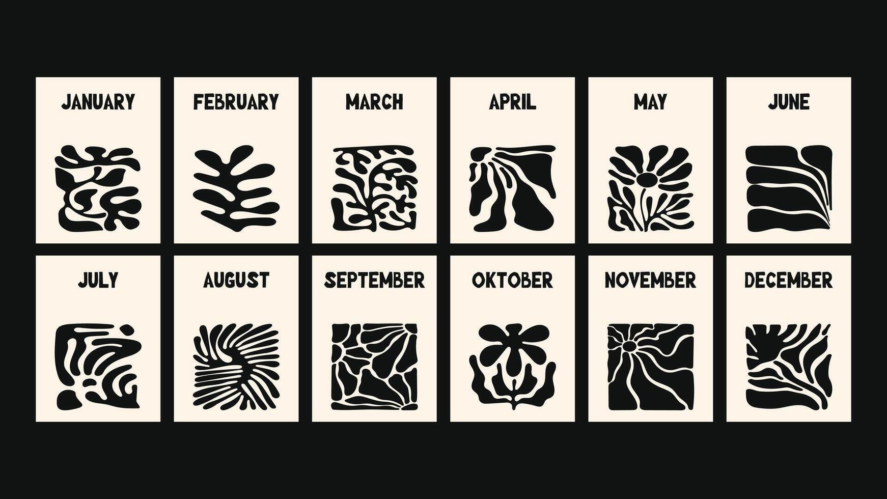 Groovy calendar set with organic flower illustrations, vibrant abstract leaves, and soft naive forms, designed as prints for modern, creative, and colorful planning tools. vector