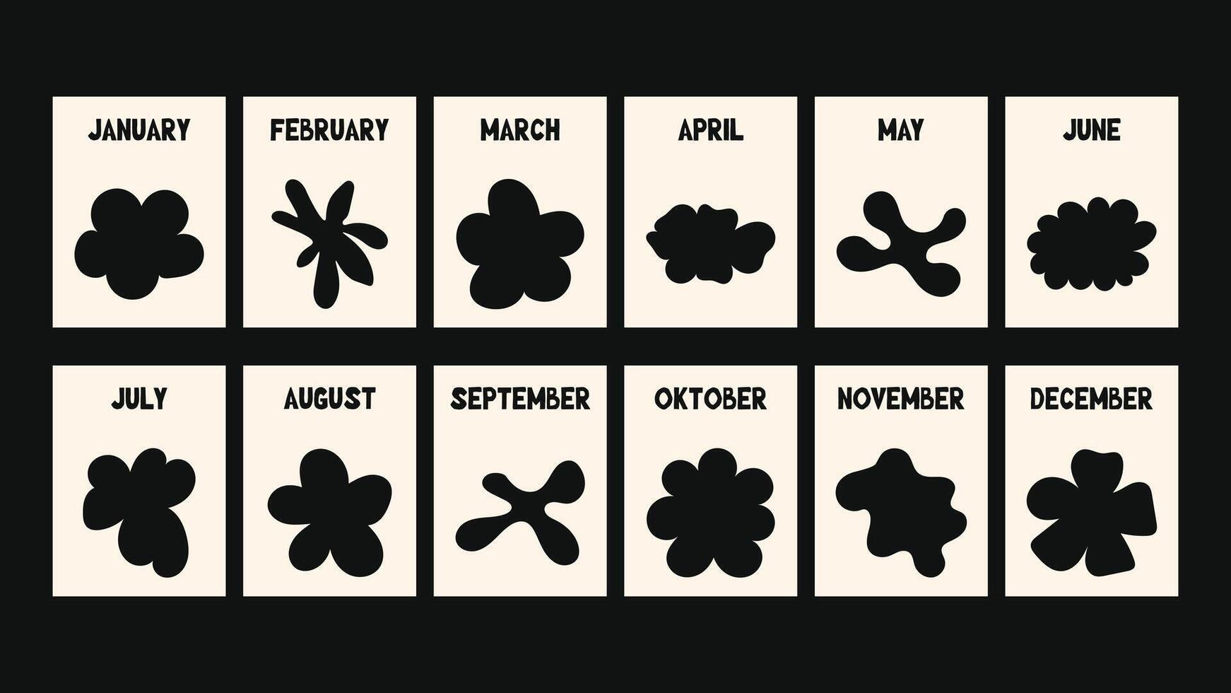 Abstract floral calendar design with expressive cutout flowers and elements, bold retro color scheme, hippie groove style and printable templates for posters and placards. vector