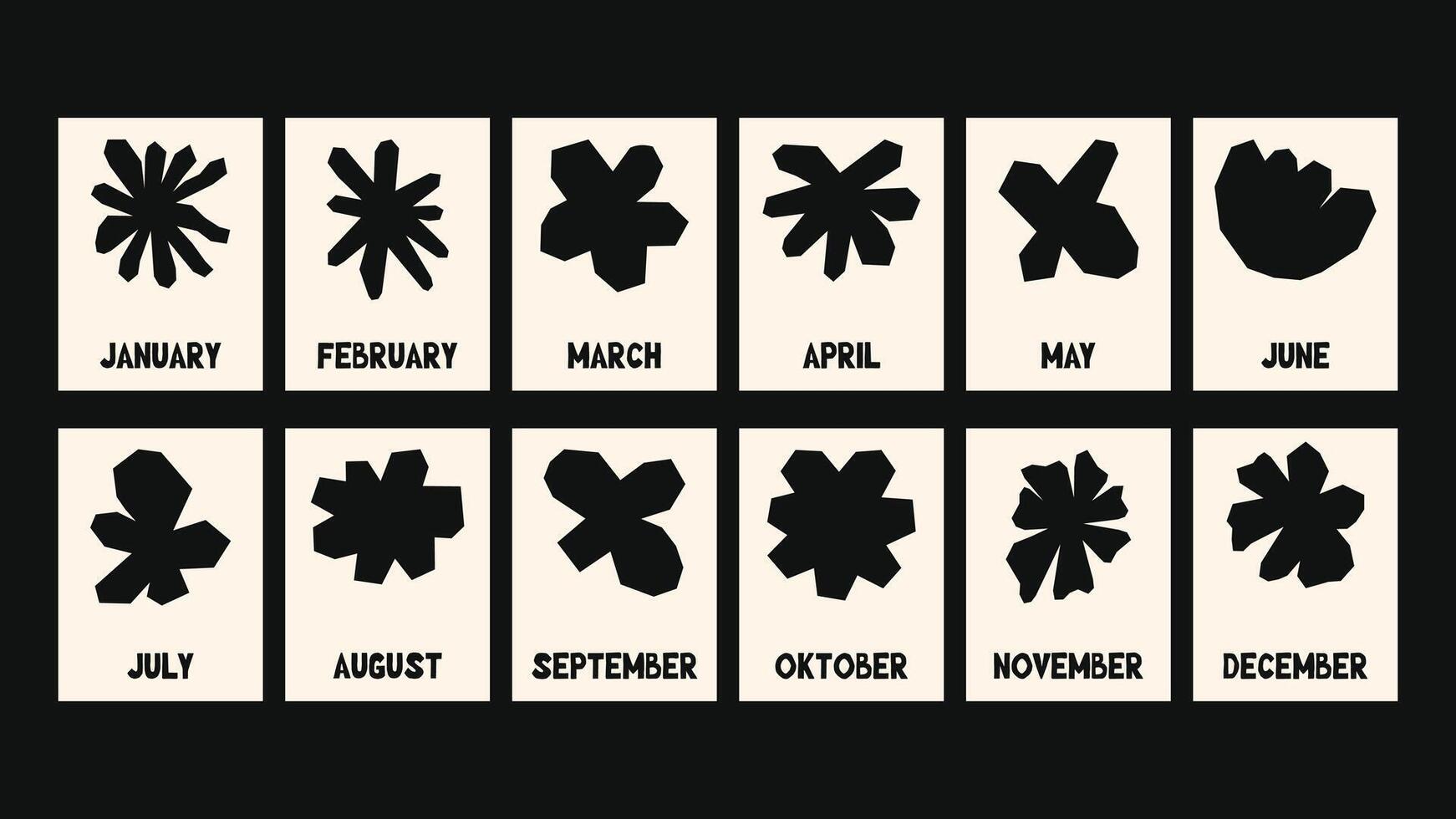 Groovy calendar set with flower illustrations, vibrant abstract leaves, and soft naive forms, designed as prints for modern, creative, and colorful planning tools. vector