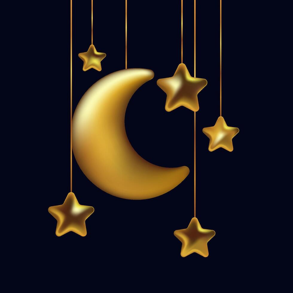 Golden crescent moon and stars hanging on a dark blue background vector