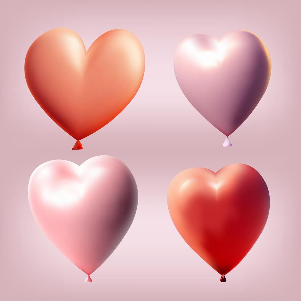 Set of 3d realistic red and pink balloons of heart. Helium balloons for Happy birthday, wedding, party anniversary. Template 3d realistic , collection of balloons heart. vector