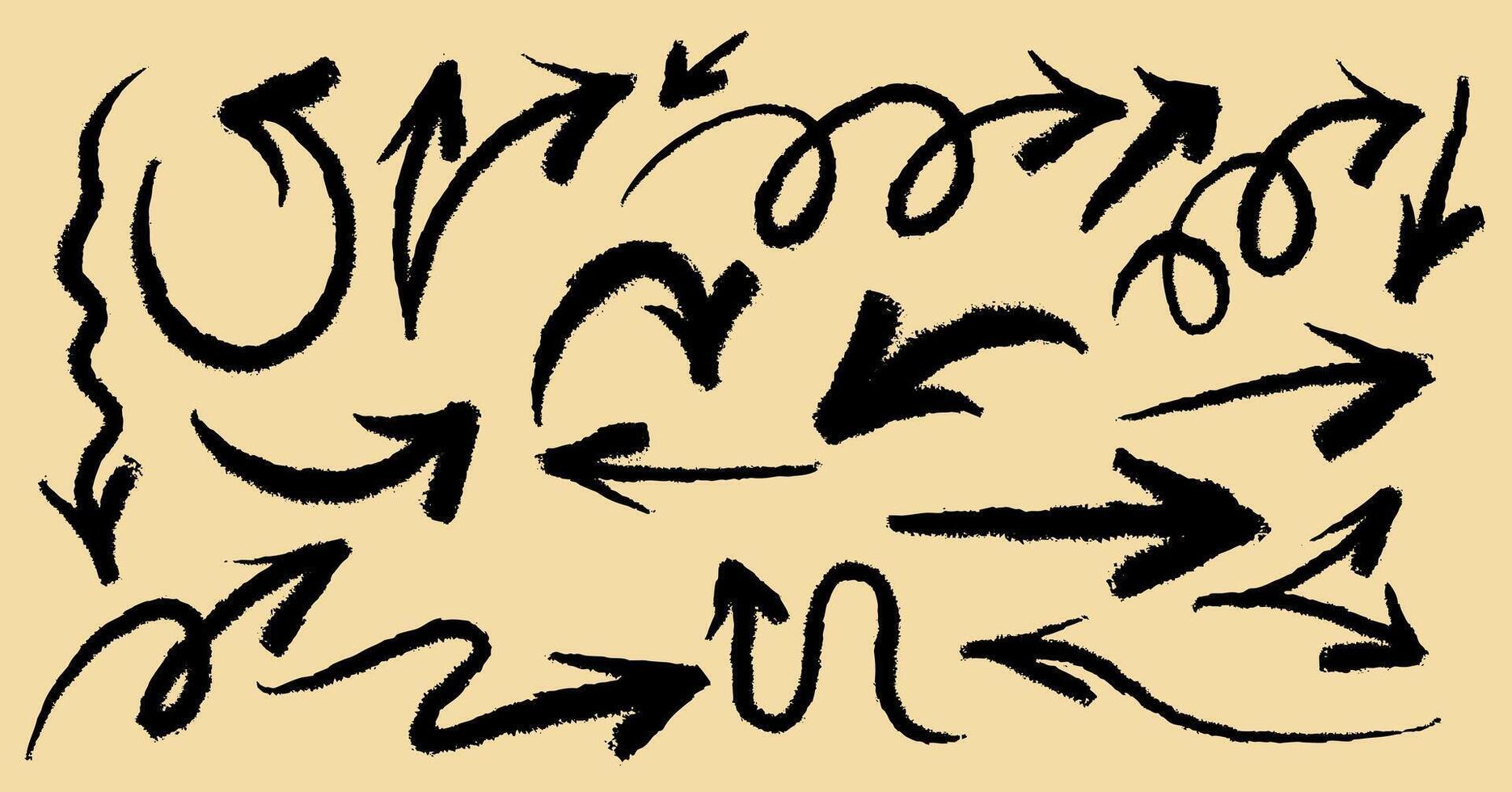 Set of black chalk arrows. Grunge hand drawn charcoal symbols for hand drawn diagrams. Freehand different curved arrows, swirls, crosses, check marks. Template doodle marker drawing on yellow vector