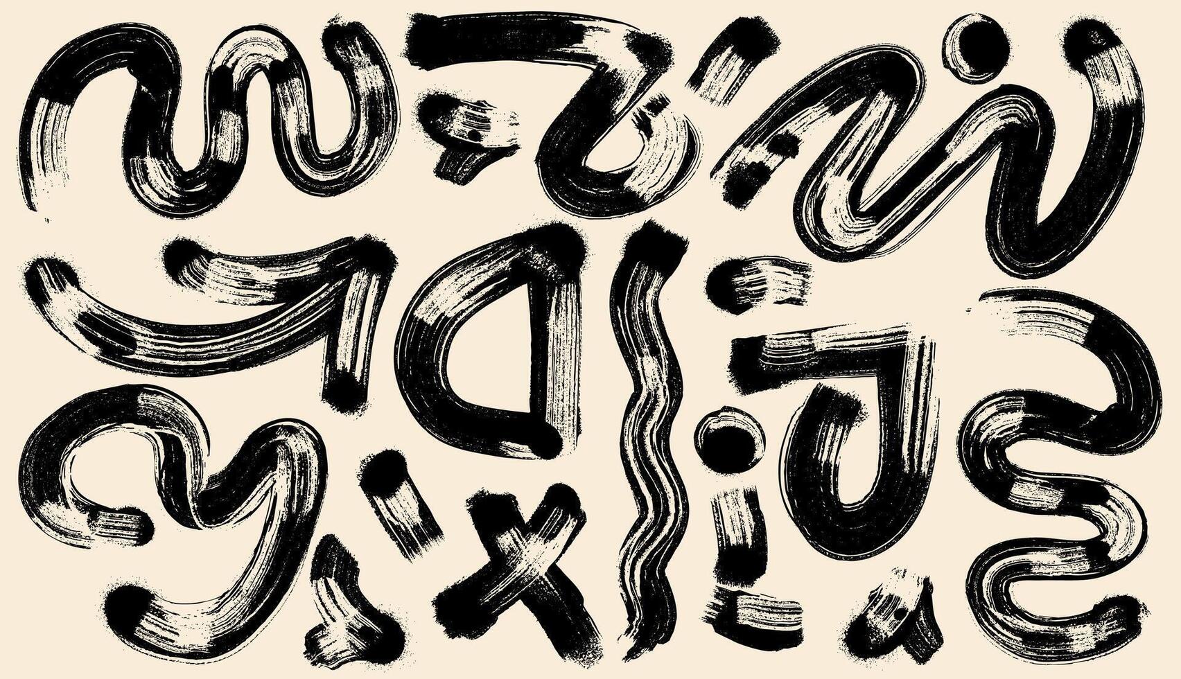 Brush drawn bold geometric shapes, black and white asterisks, arrows, circles set. Set of squiggle thick lines, curly grunge for banner, print or collage. Template style rough symbols, shapes. vector