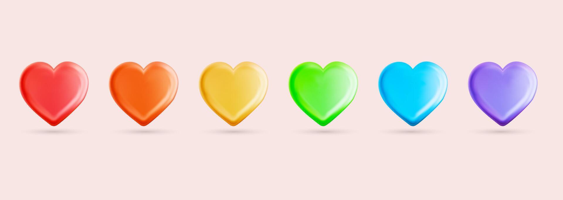 Set of hearts icon, 3d rainbow glossy. Pride month 2025, love collection. Cartoon creative design icons isolated on pink background. Template multicolored emoji like. Heart shape, 3d realistic . vector