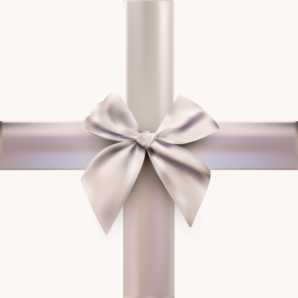 Beautiful bow vertical and horizontal silver ribbon isolated on white. Decorative grey bow. Silver ribbon on a gift box with ribbons on a cross. Holiday decoration. illustration. vector