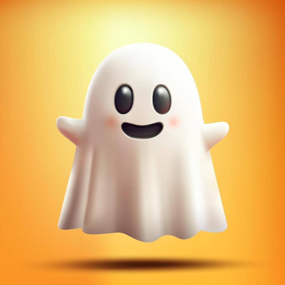 3d realistic cartoon ghost. White cute halloween ghost character. Spooky ghost with eyes and mouth cut out smiles sweetly. Playful Halloween ghost icon illustration on yellow background. vector