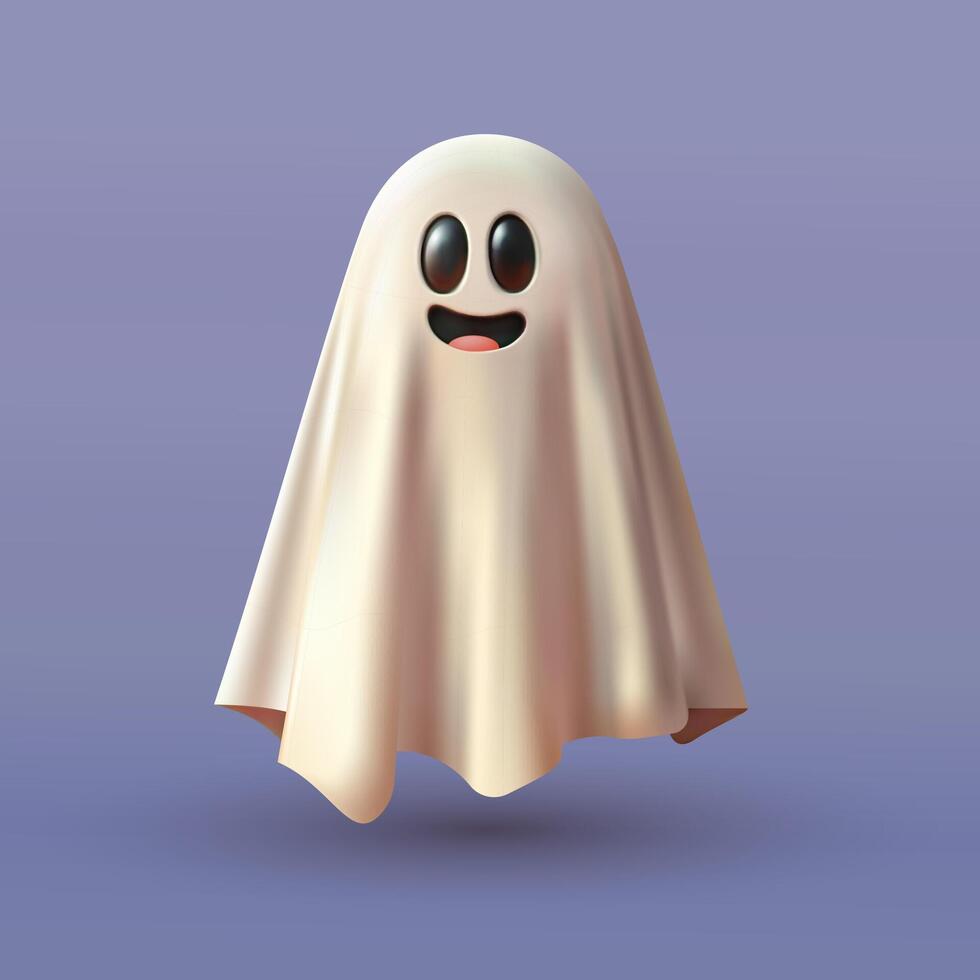 Spooky 3d ghost. Template emotional halloween phantom. 3d realistic afterlife monster, flying specter icon. Ghost surprised frightening character halloween icon isolated on purple background. vector