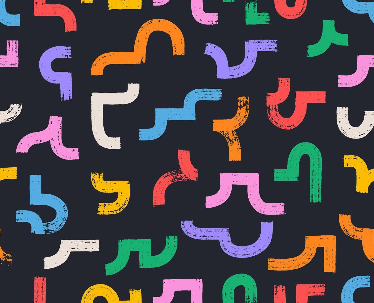 Abstract colored hand drawn bold brush strokes seamless pattern, curved thick lines and arches. Pattern for collages. Grunge geometric kid elements. Chaotic abstract shapes in doodle style. vector