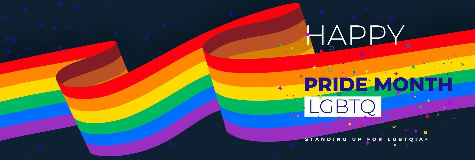 Happy 2025 pride month banner. Rainbow colored background. Banner for Pride month lettering with heart shaped hands, brush stroke. 2025 Pride month background with rainbow gradient. vector