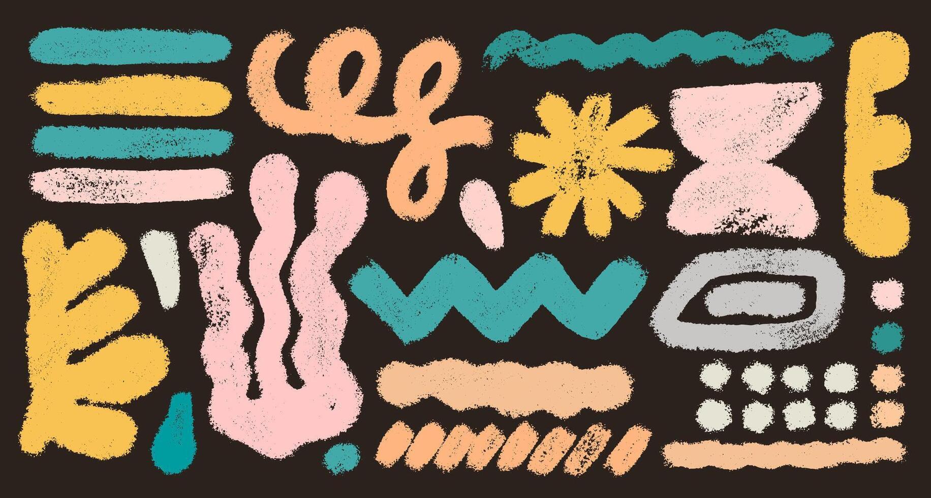 Collection of pastel hand drawn crayon shapes, abstract forms. Set of childish crayon elements. Template doodle colored geometric crayon shapes in retro style. doodle marker drawing. vector
