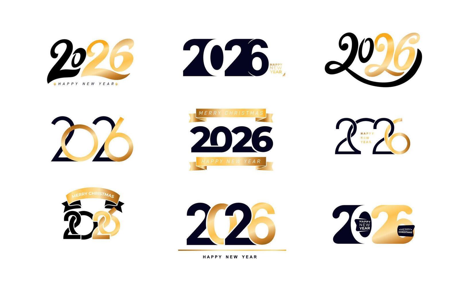 Big Set of gold 2026 Happy New Year number text design. 2026 logo design template. Template 2026 Happy New Year Christmas symbols. illustration with black, golden labels Holiday greeting card vector