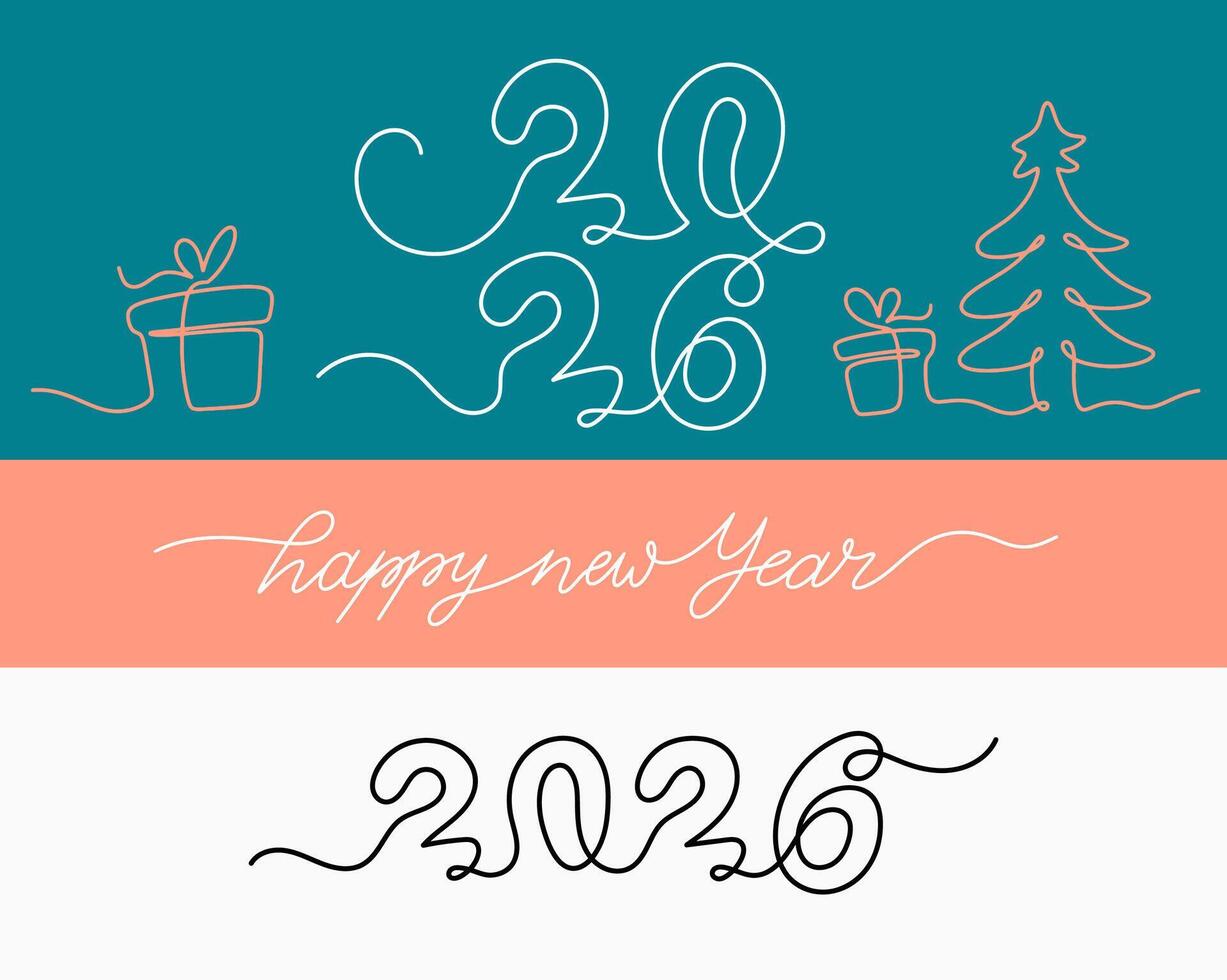 2026 one continuous line banner template. New Year symbol. Minimal banner with editable stroke. Set of 2026 continuous one line. illustration isolated on white background. vector