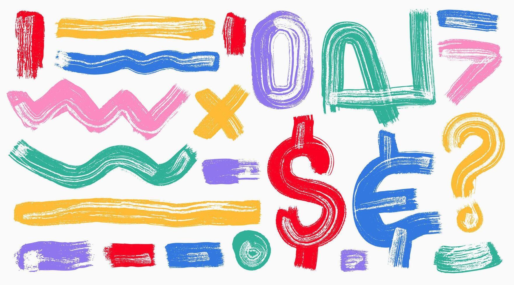 Set of abstract form brush bold geometric shapes, arrows, asterisks, circles. Grunge style color symbols, shapes. Template squiggle thick lines, curly brush strokes, background print or collage vector