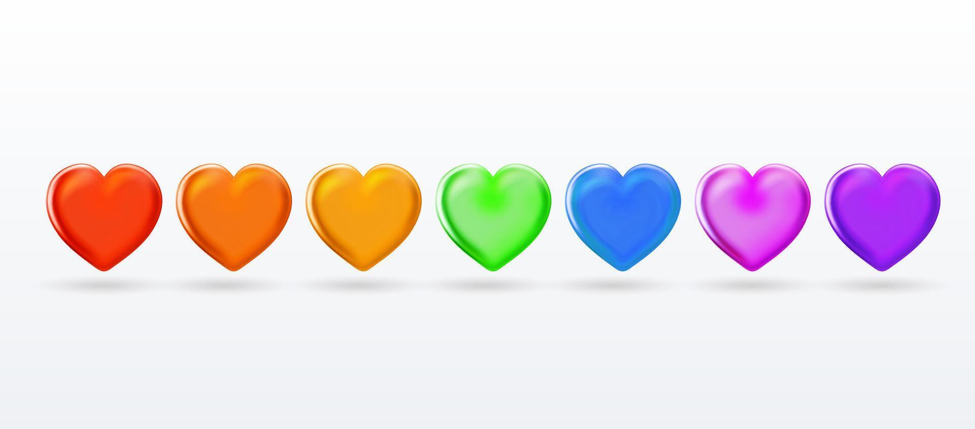 Set of 3D rainbow Hearts icon. Collection of multicolored emoji like. Heart shape. Realistic colored cartoon creative design icons. 3D illustration isolated on white background. vector