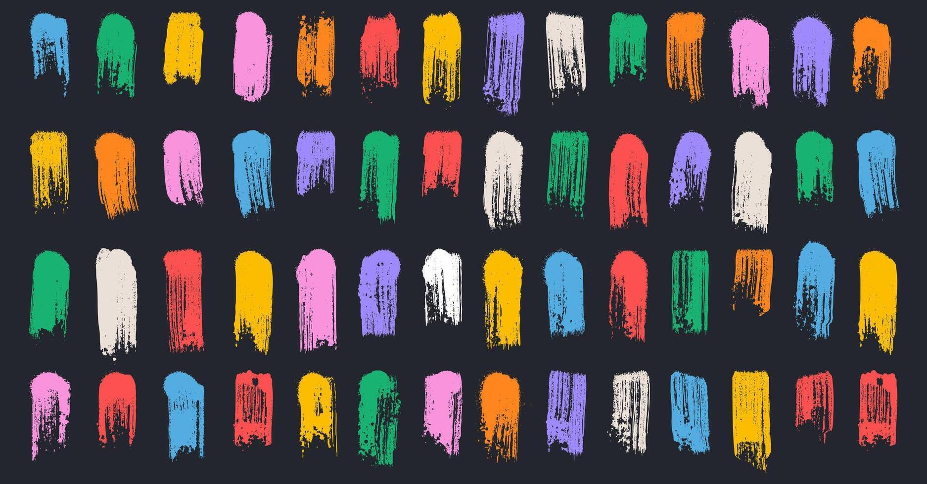 Set of colorful short art brush strokes. Kisd naive banner design. Regular vertical art dashes. Rough grunge thick paint lines texture, brush strokes, textil, fabric, wrapping paper vector
