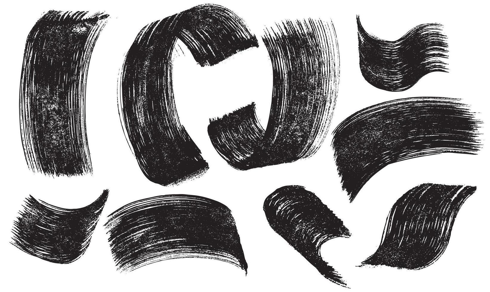 Set of distress damages abstract. Art grainy rough bold brush strokes with hand drawn pattern. Black texture overlay. Retro grunge for posters, background. Design, bold waves, curves. vector