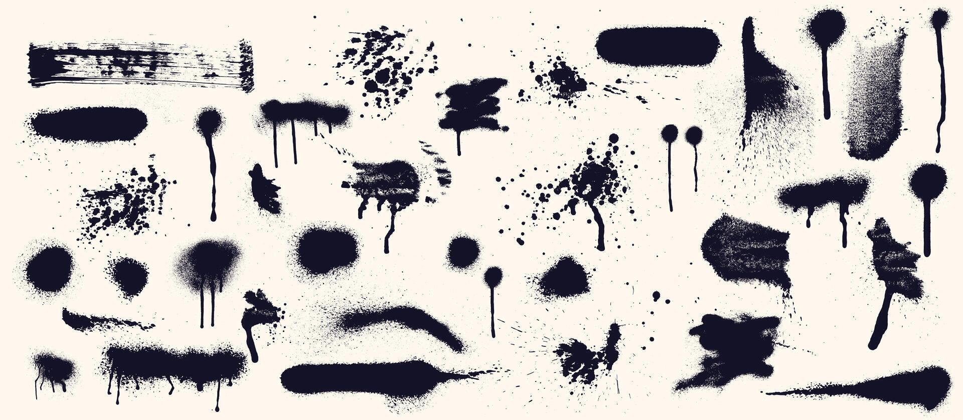 Paint splash, spray, ink elements for decor, drip big set. Black abstract flow splatter, ink marker squares and lines, grunge stain, vandalism art. hand drawn aerosol brushstrokes. vector
