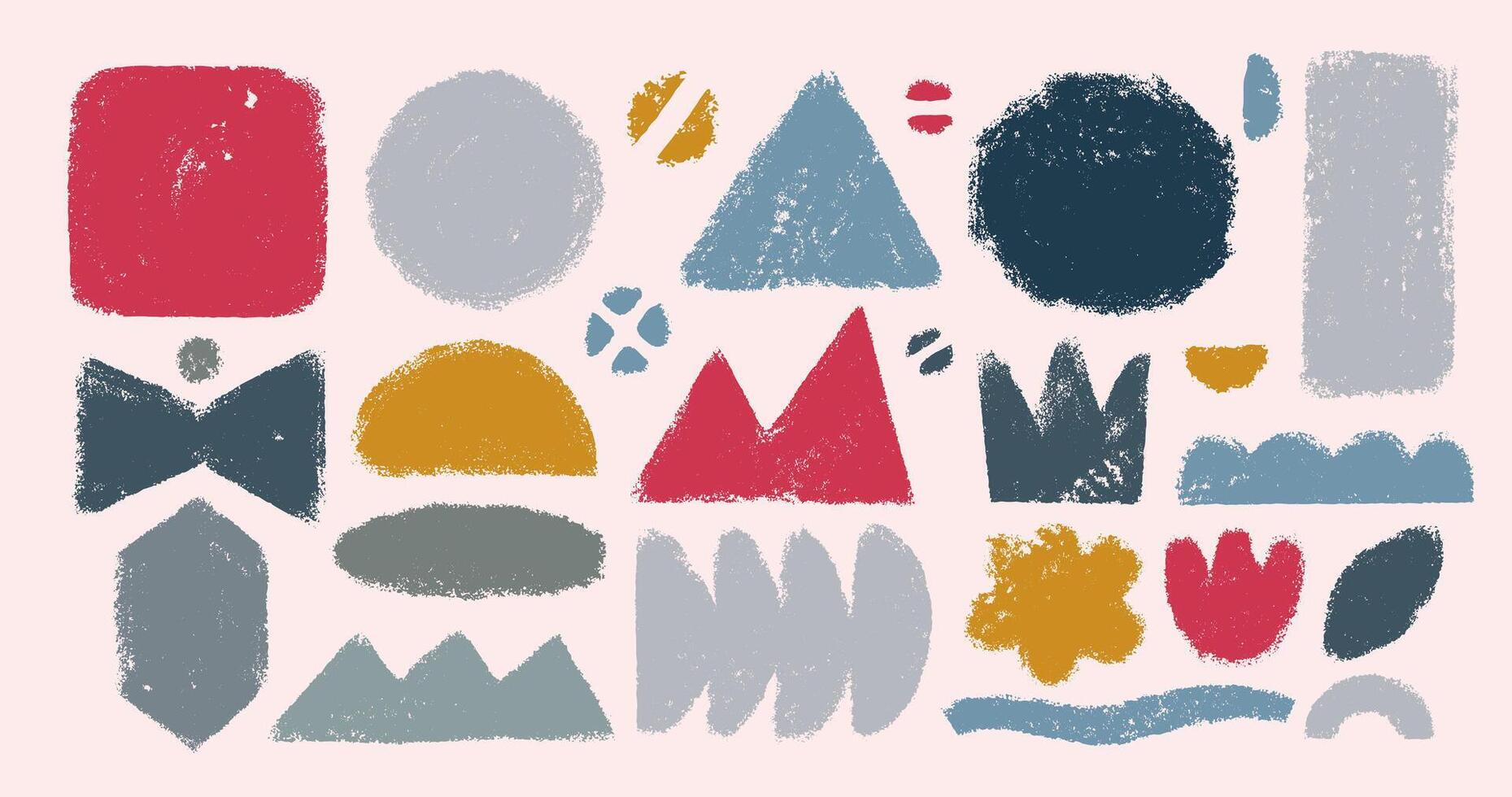 Set of colored crayon shapes and forms. Abstract hand drawn weird retro shapes with crayon, chalk or charcoal texture drawn manual on paper. bold groovy shapes in trendy crayon drawing style. vector