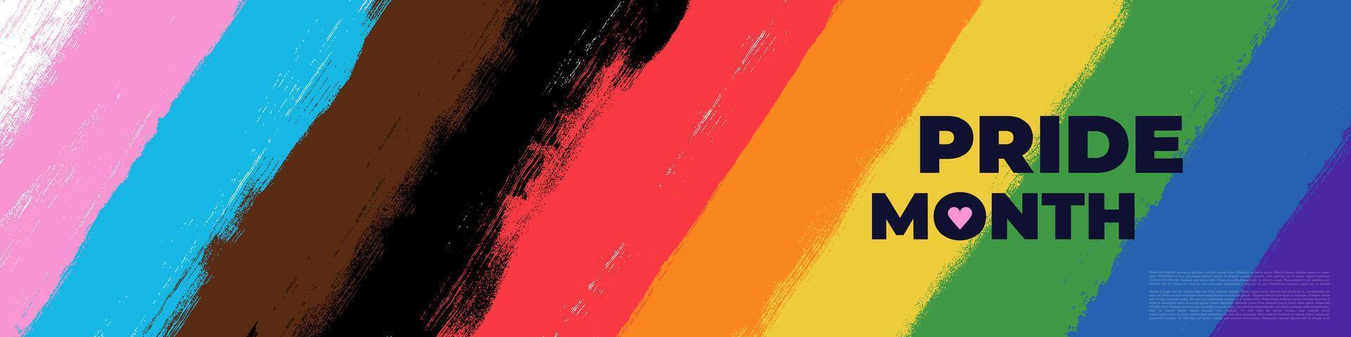 Happy pride month brush stroke banner. 2025 Oblique color stripes in the horizontal. Rainbow colored background. Gay pride, LGBTQ themed multiple colors with blurred lines, striped, pattern. vector