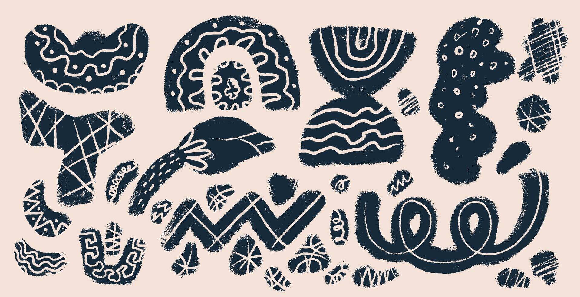 Set of kids abstract art shapes, doodle objects in grunge style. Hand drawn bold brush drawn blue decorative elements, zigzag, squiggly lines. Art naive playful shapes. illustration. vector