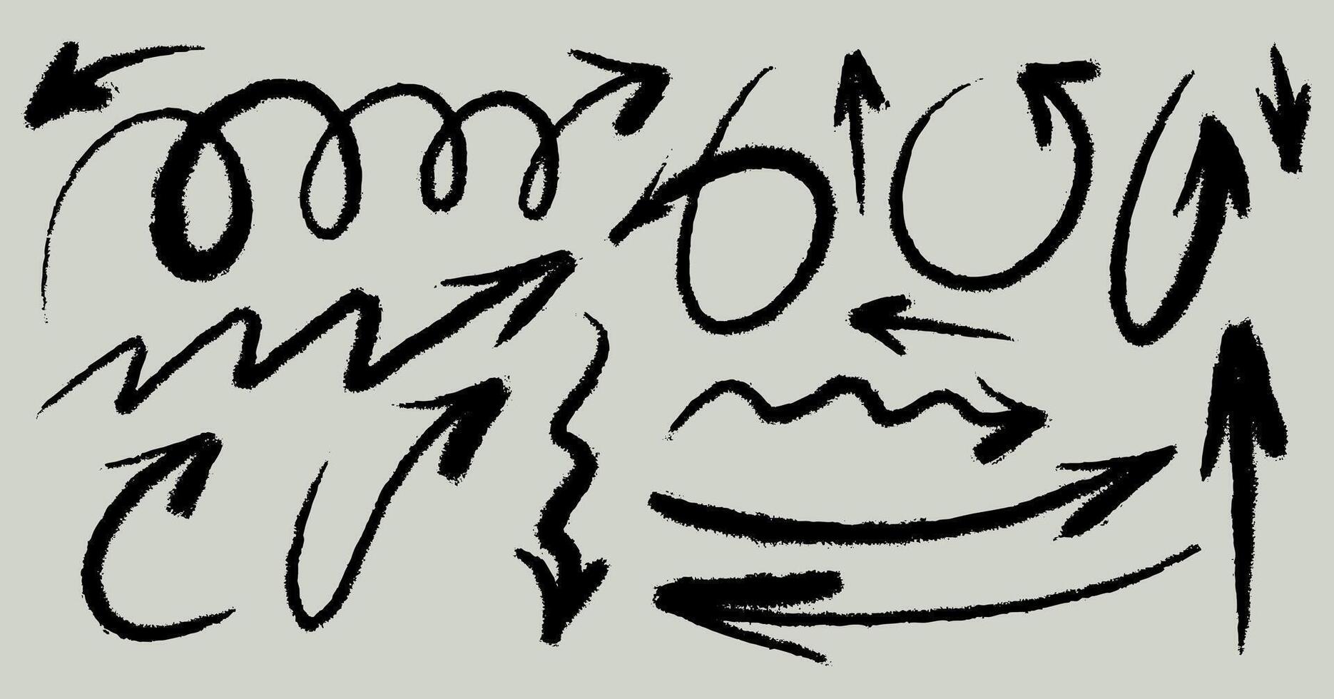 Set of black chalked arrows. Hand drawn charcoal symbols for hand drawn diagrams. Freehand different curved arrows, swirls, crosses, check marks. Template doodle marker drawing. vector