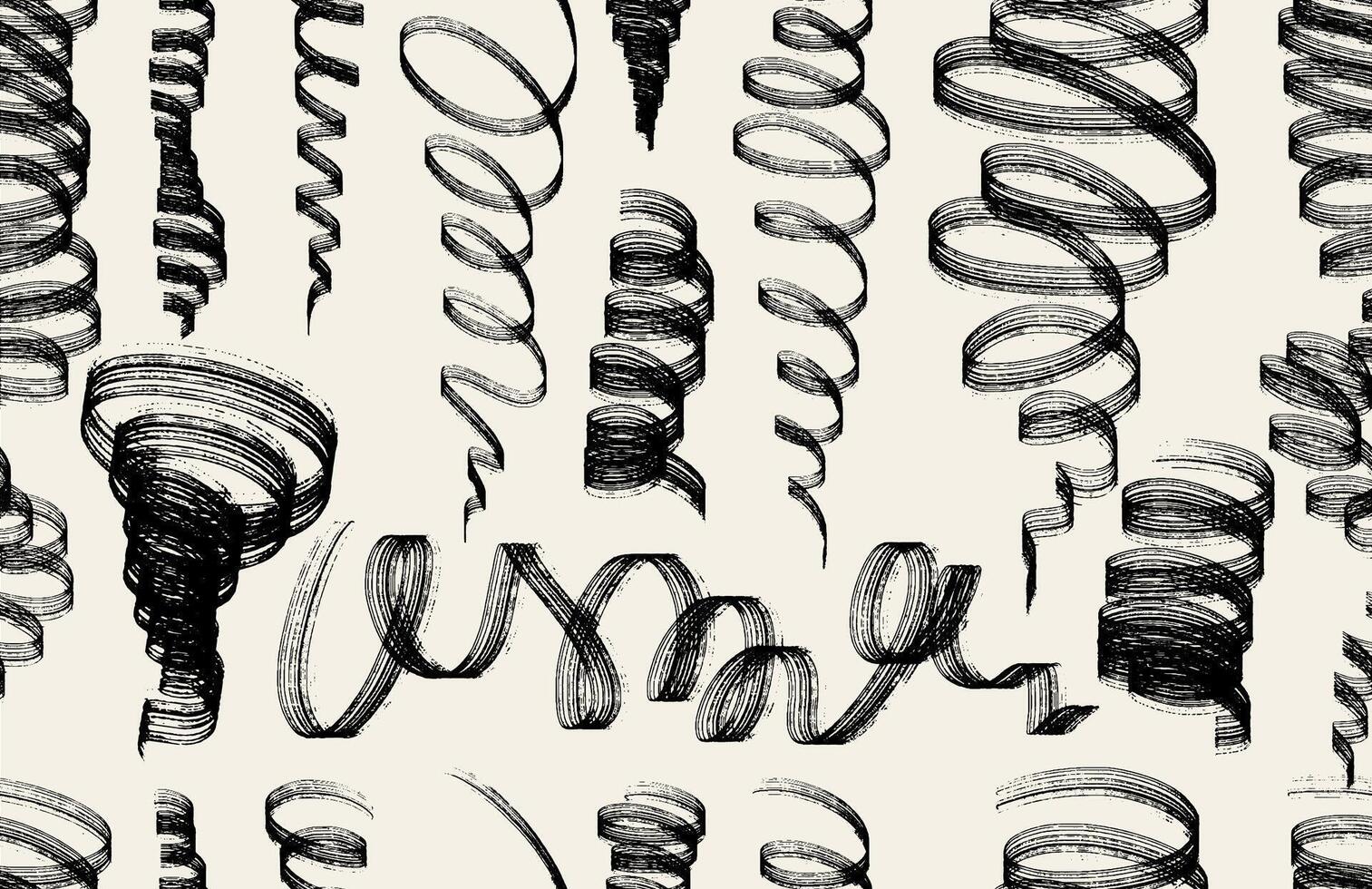 Seamless pattern confetti wavy, curly brush stroke. Black brush drawn thick ribbons. Hand drawn bold squiggles. Basic curly lines, festive confetti strokes, celebrate, party, surprise seamless pattern vector