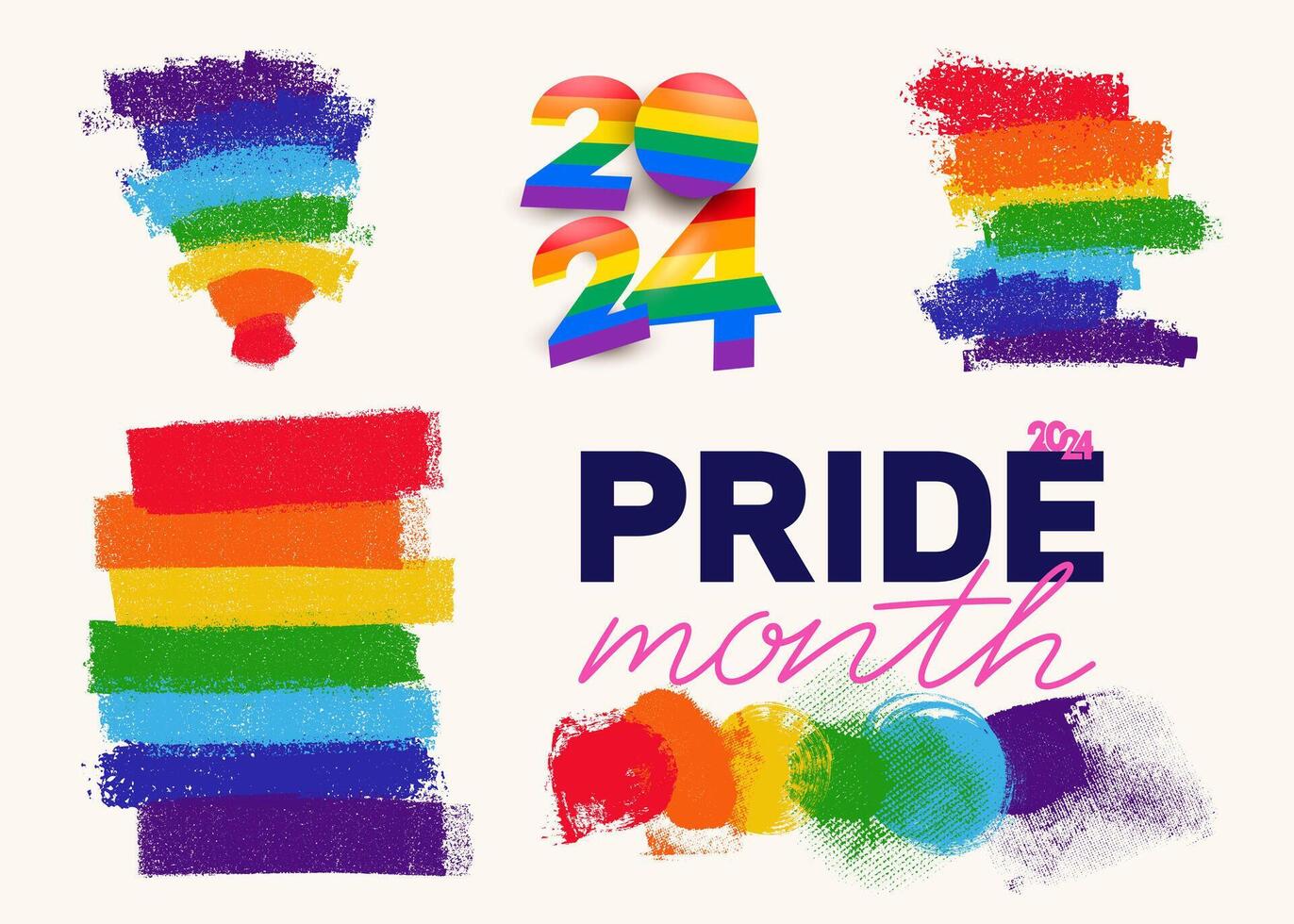 Big set 2024 LGBT pride month. Template logo, background, poster, postcard, banner design. LGBT flags are made by hand with a dry brush on canvas. illustration. vector