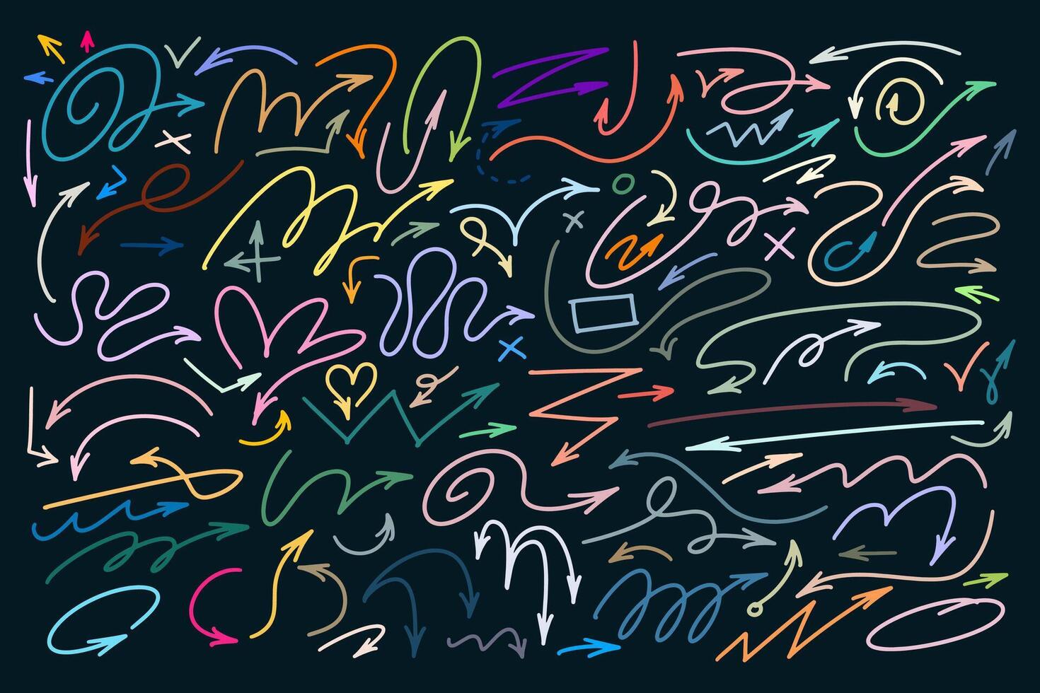 Colored group arrows and frames set. Hand drawn symbols for hand drawn diagrams. Freehand different curved colorful arrows, check marks, swirls, crosses for business. doodle marker drawing. vector