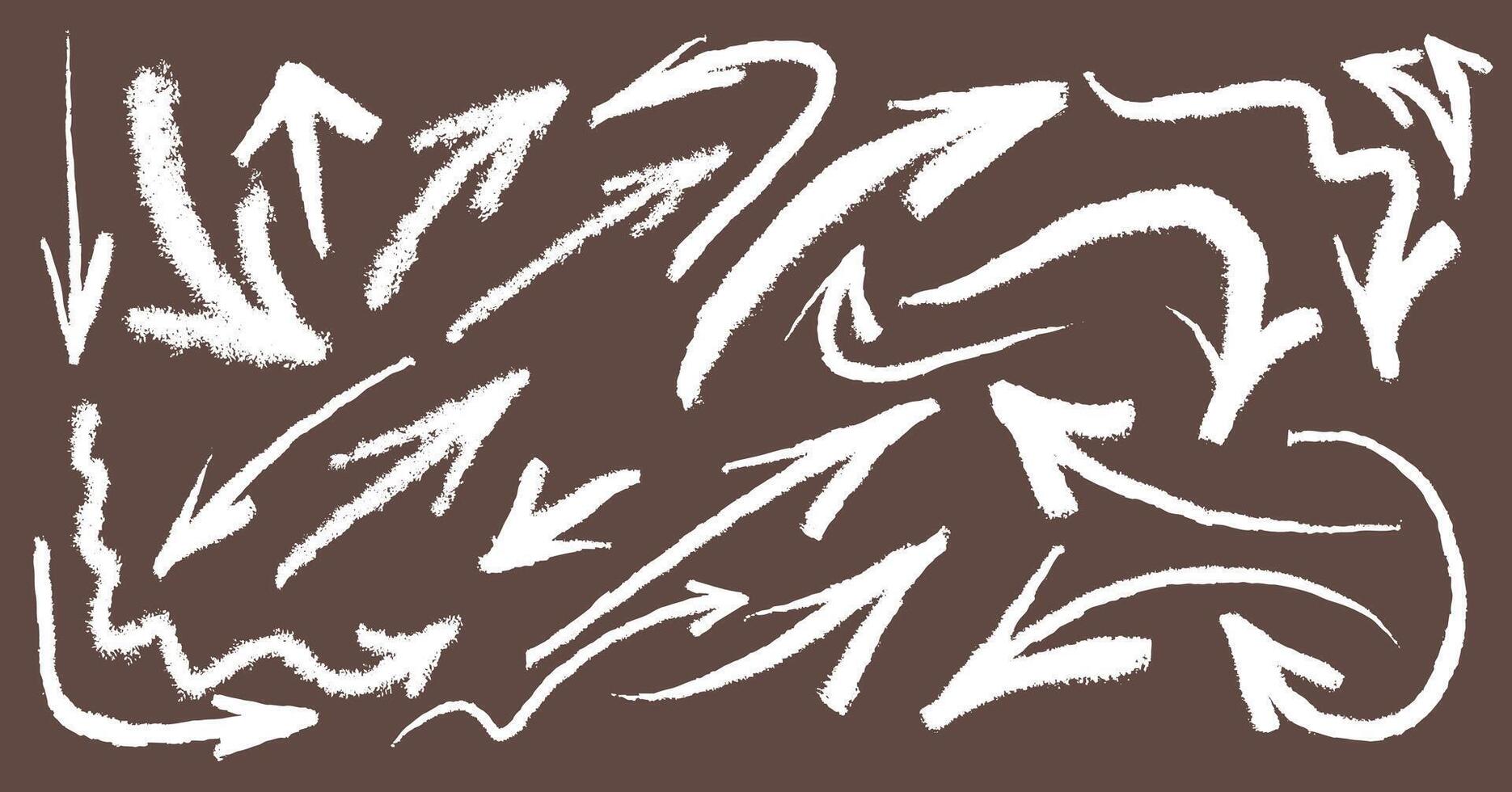 Set of white chalk arrows. Grunge hand drawn charcoal symbols for hand drawn diagrams. Freehand different curved arrows, swirls, crosses, check marks. Template doodle marker drawing. vector