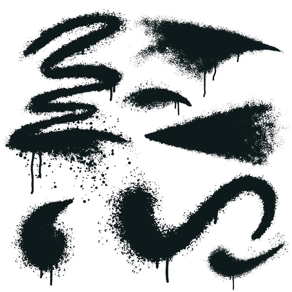 Grunge splash effect set. Hand drawn splattered black ink particles, drops. Brush stroke drawn blots, spray strokes. Ink black splashes stencil. Graffiti spray texture. grunge design elements. vector