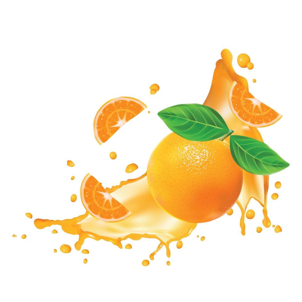 Orange juice splash banner with fruit pieces isolated on white background vector