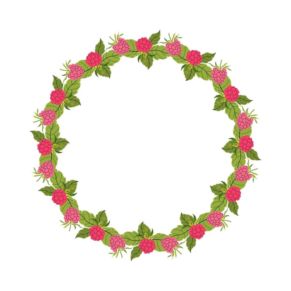 Summer floral wreath with raspberry and foliage. Round frame of pink berries and leaves. Decoration element for cards and seasonal decor, menu, recipe. flat illustration. vector