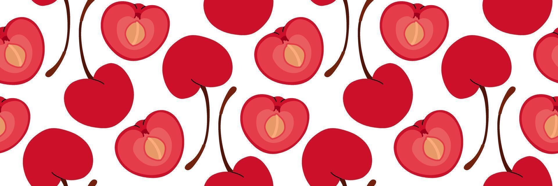 Red cherry Seamless pattern. Whole and one sliced in half showing pit. Spring garden background. Perfect for textile, menu, packaging, kitchen design. flat illustration. vector