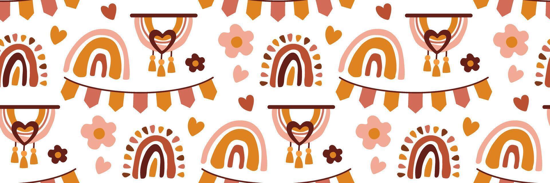 Boho seamless pattern with rainbows, hearts and macrame panel in brown and ochre colors on white background. For kids textile and wrapping paper, scrapbooking, packaging. flat illustration. vector