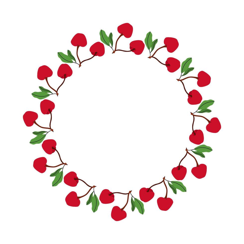 Round floral wreath with two cherries on branch. Summer frame of berries and leaves on twig. Decoration element for cards and seasonal decor. flat illustration. vector