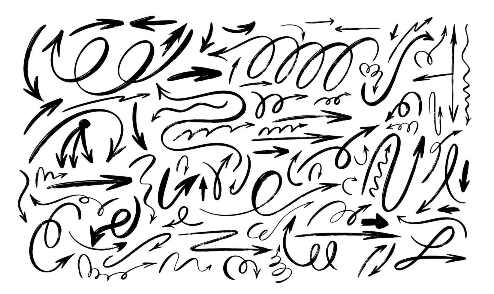 Big set of charcoal arrows icons. Black doodle marker drawing, black chalk smears. Scribbles and scrawls, direction pointers. Art Hand drawn freehand different curved lines, swirls arrows. vector