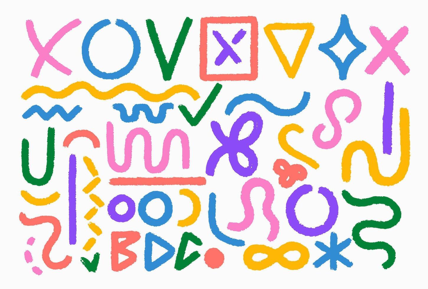 Set colorful various doodle grunge geometric loops, circles. Hand drawn brush drawn creative modern elements for collages, templates. Thick, bold wavy colored brush strokes, dots and loops. vector
