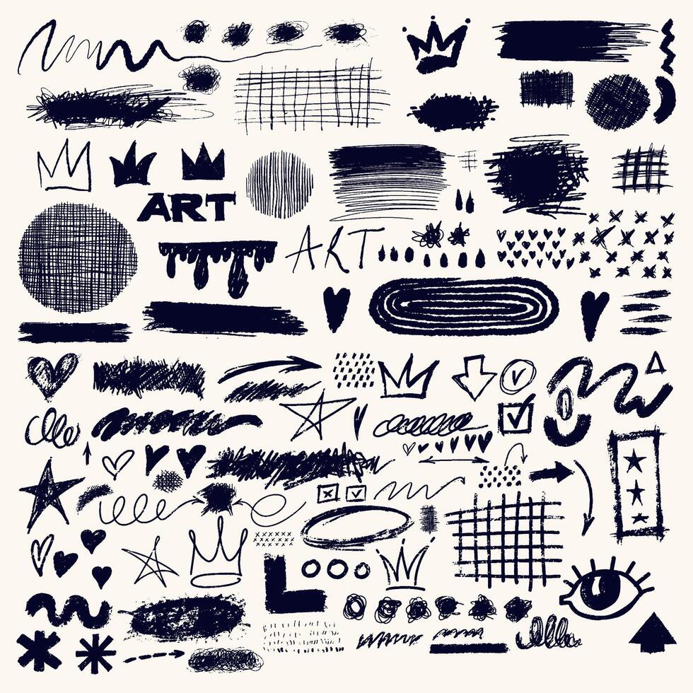 Big set of charcoal graffiti doodle punk and girly shapes. Template scribbles, scrawls, stars, crown, curly lines. hand drawn scribbles, squiggles, pencil drawn icons, creative various shapes. vector