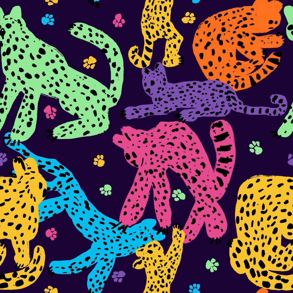 Seamless kids Leopard pattern. Fashionable fabric design. Circus animal show. seamless pattern with cute tigers on background. Leopards and tropical leaves. Trendy style. vector