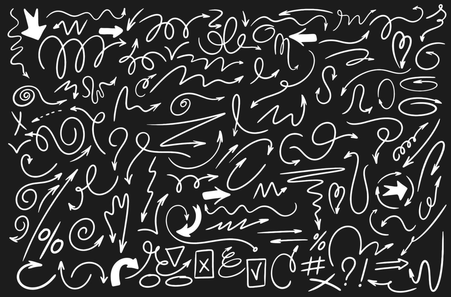 Set of group arrows and frames. Hand drawn white symbols swirls, crosses for hand drawn diagrams. Doodle marker drawing. freehand different curved arrows, circles and check marks. vector